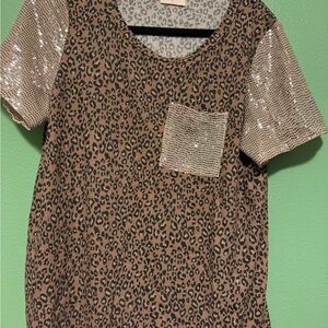 Leopard Print Sequin Sleeve Top